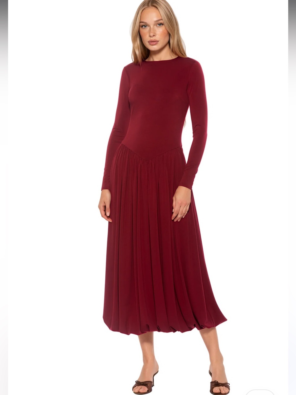 NWTs Alexia Admor Eero Crewneck Long Sleeve Bubble Hem Midi Dress Size Small